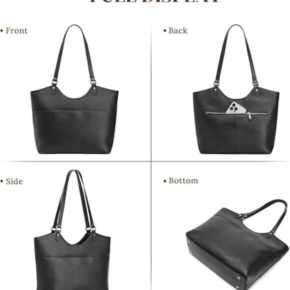 S-ZONE Leather Black Tote Bag for Women - Picture 2 of 7